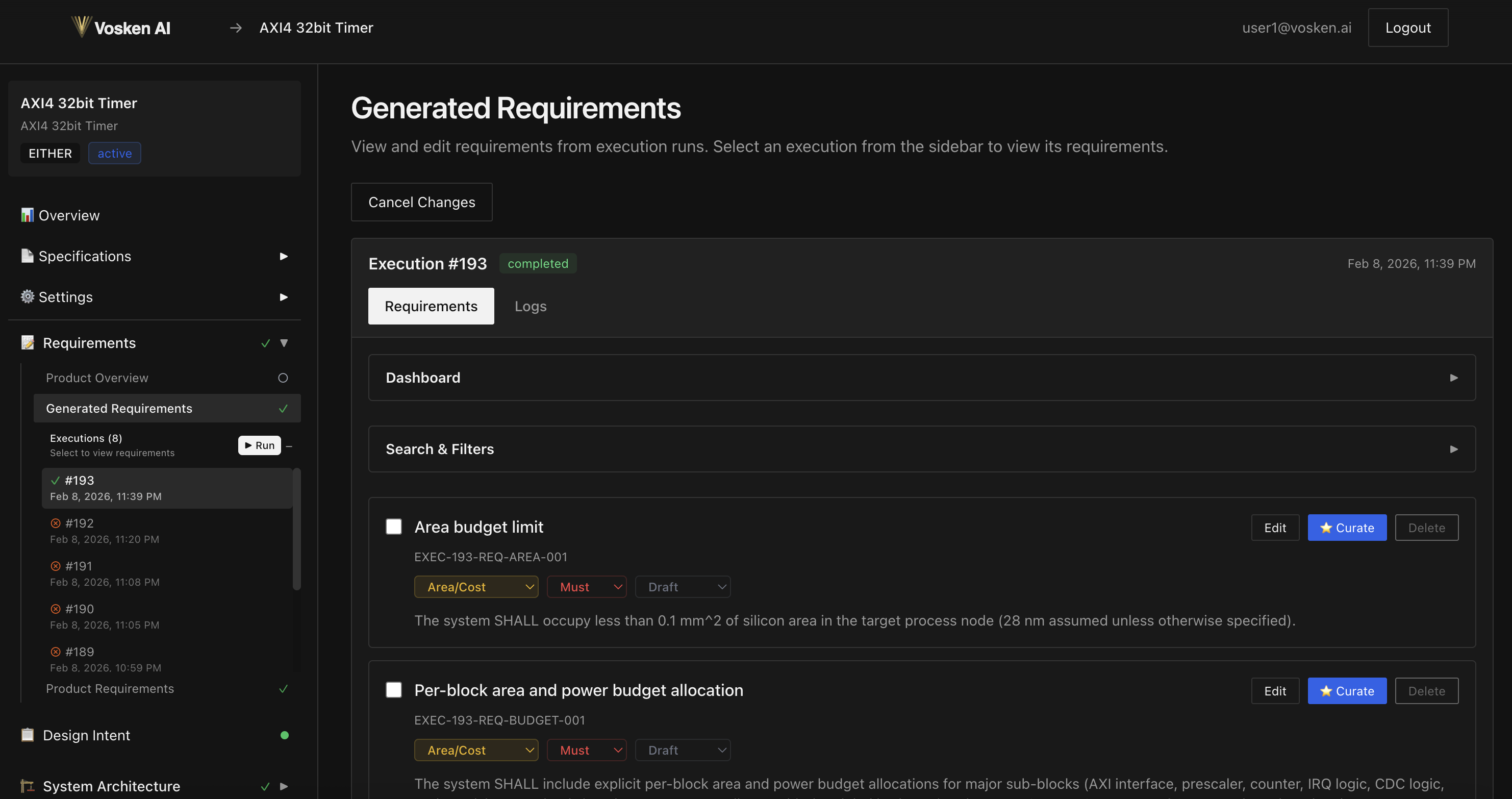 Vosken AI — Generated Requirements with approval workflow